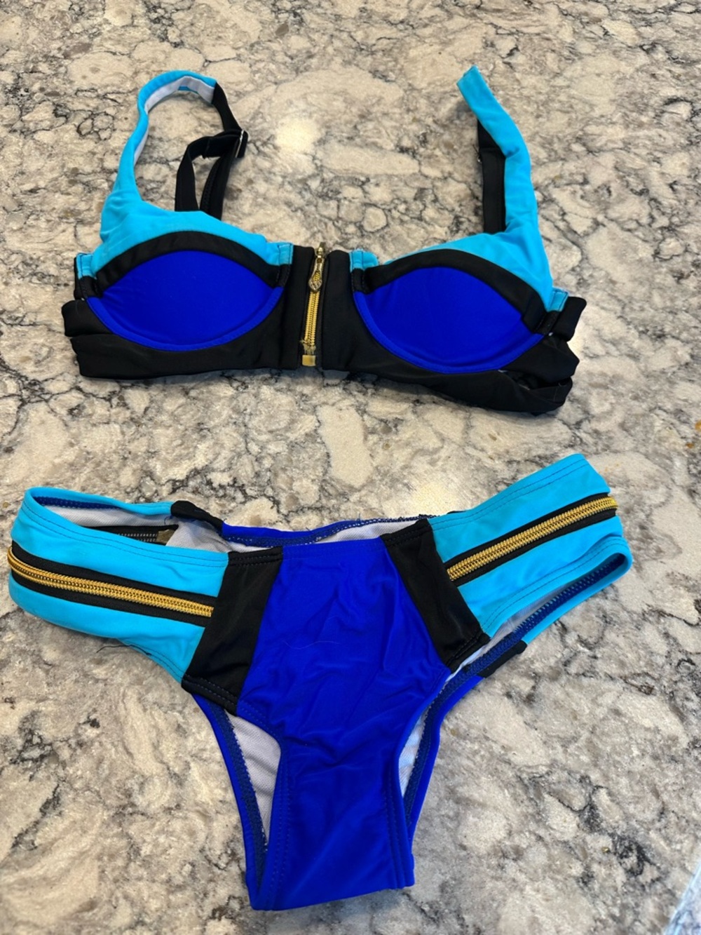 Colorblock Blue & Black Zip-Accent Bikini Set